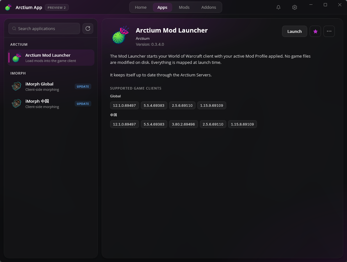 Apps: every publisher in the sidebar, versions and supported game clients per app