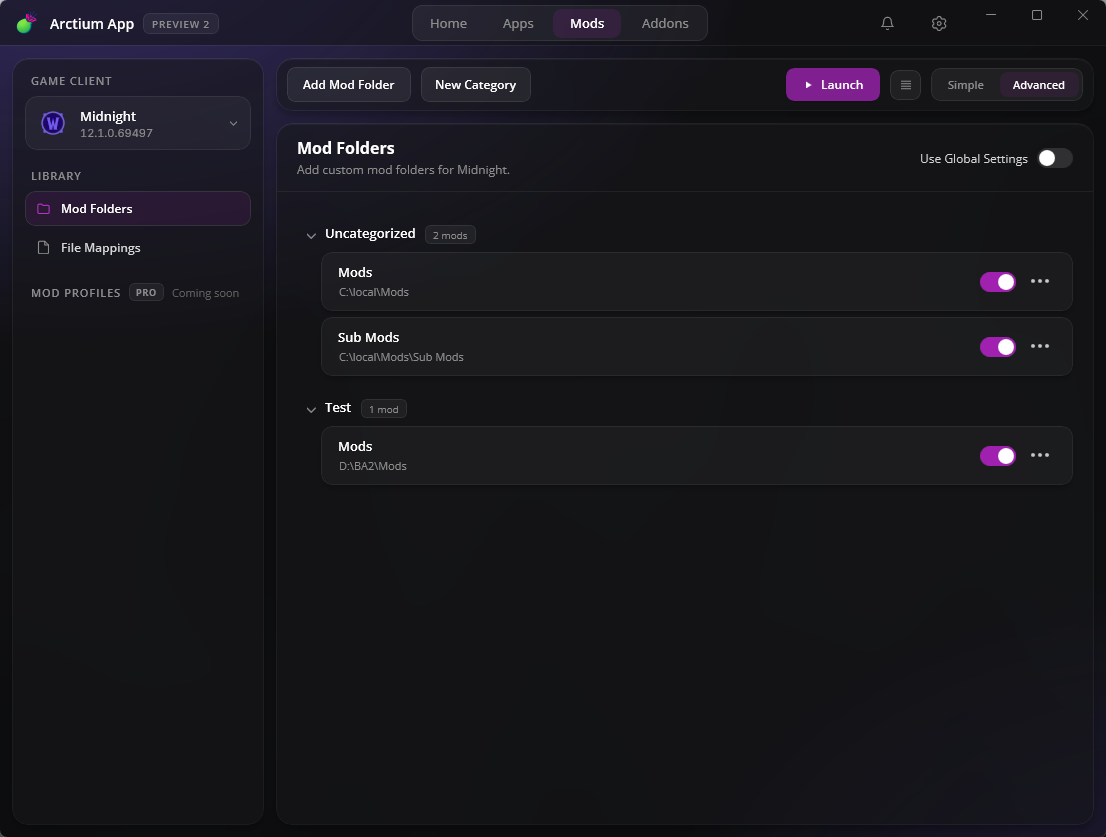 Mods: sort them into categories, drag to reorder, pick Simple or Advanced